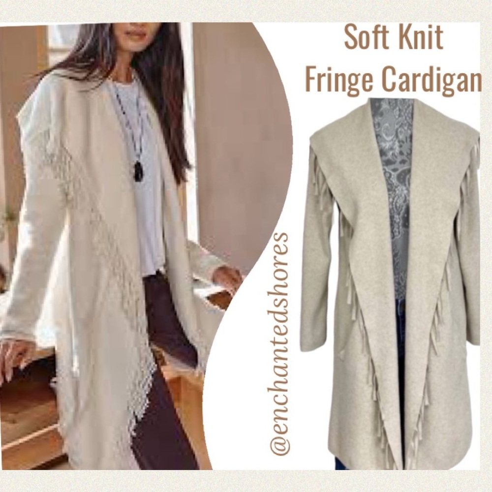 Fringe Cardigan Sweater Elegant Shawl Collar Open Front Cream Beige Taupe Tan